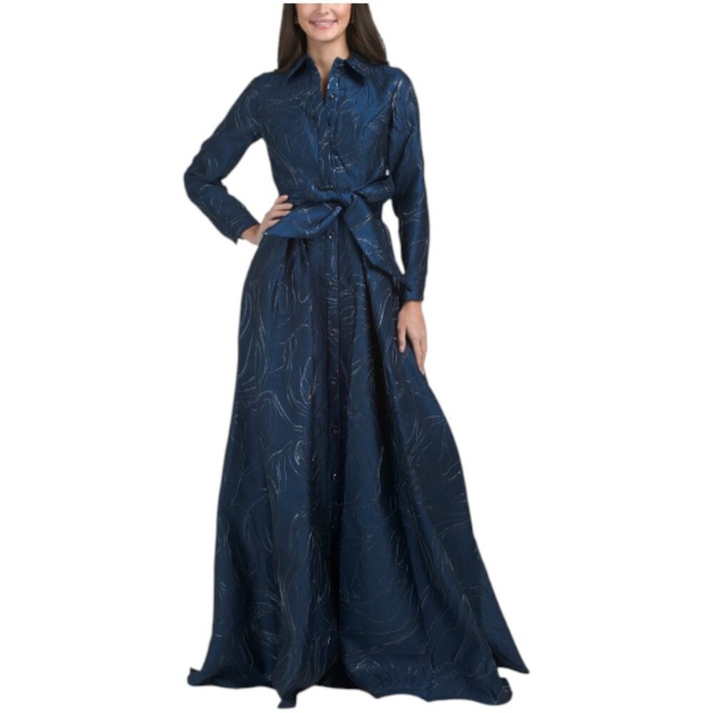 TERANI COUTURE Three-quarter Sleeve Jacquard Shirt Gown With Belt